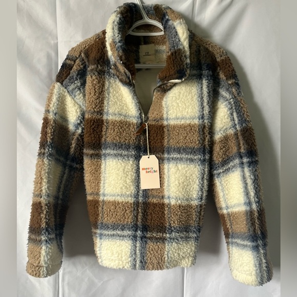 Thread & Supply Sherpa Cozy Soft Pullover Women’s M‎ Cream Blue Tan Plaid NWOT - Picture 1 of 10